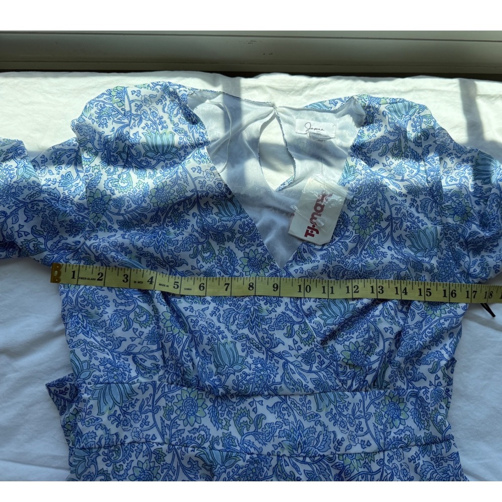 Japna Blue Floral V-Neck Ruffle Mini Dress Long Balloon Sleeve NWT‎ Medium - Picture 7 of 7